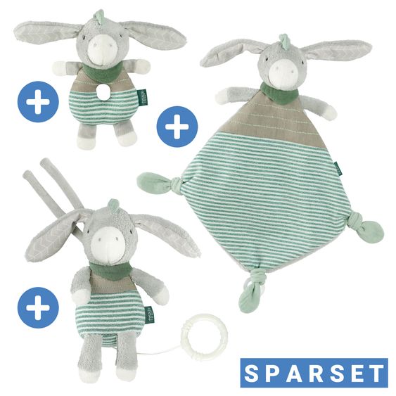 Fehn Set regalo da 3 pezzi per la nascita di un asinello esclusivo - carillon + panno per le coccole + giocattolo da afferrare