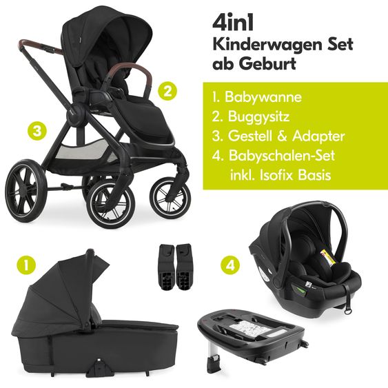 Hauck Set di passeggini 4in1 Walk N Care Air Trio Set con seggiolino auto i-Size e base Isofix e set di accessori XXL - Nero