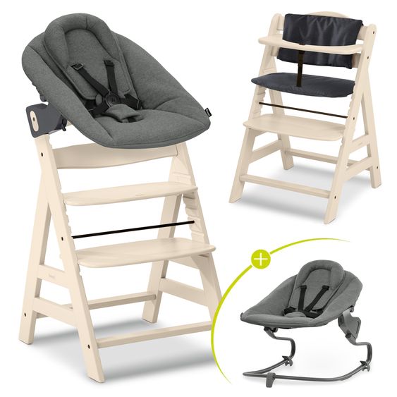 Hauck Set neonato Alpha Plus Vanilla 4 pezzi - Seggiolone + Attacco per neonato 2in1 e Dondolo Premium + Cuscino per la seduta - Grigio scuro