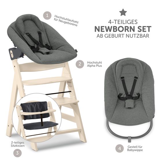 Hauck Set neonato Alpha Plus Vanilla 4 pezzi - Seggiolone + Attacco per neonato 2in1 e Dondolo Premium + Cuscino per la seduta - Grigio scuro