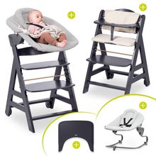 Beta Plus Dark Grey 5-tlg. Newborn Set - Hochstuhl + 2in1 Neugeborenen-Aufsatz & Wippe + Essbrett + Sitzkissen