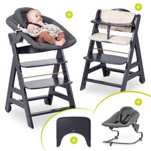 Set neonato Beta Plus Grigio Scuro 5 pezzi - Seggiolone + attacco neonato 2in1 e sdraietta Premium, tavoletta, cuscino per la seduta - Grigio Scuro