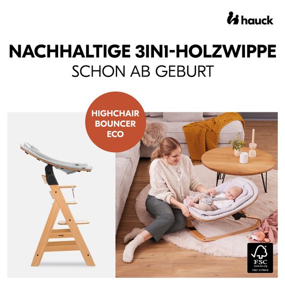 Hauck Set per neonati Beta Plus Natural 5 pezzi Eco - seggiolone + sdraietta 2in1, tavola da pranzo, cuscino per sedersi - Grigio chiaro