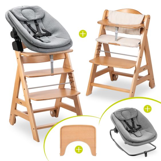 Hauck Set per neonati Beta Plus Natural 5 pezzi - seggiolone + sdraietta 2in1, tavola da pranzo, cuscino di seduta - Grigio Scuro Melange