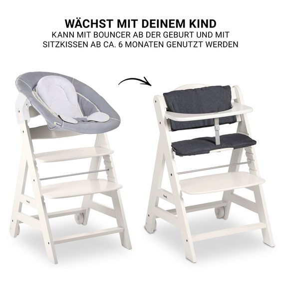 Hauck Set neonato 5 pezzi Beta Plus White - Seggiolone + sdraietta 2in1 per neonati, tavoletta, cuscino per sedersi - Grigio Stretch