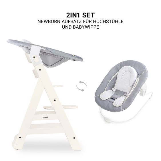 Hauck Set neonato 5 pezzi Beta Plus White - Seggiolone + sdraietta 2in1 per neonati, tavoletta, cuscino per sedersi - Grigio Stretch