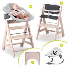 Beta Plus Whitewashed 5-tlg. Newborn Set - Hochstuhl + 2in1 Neugeborenen-Aufsatz & Wippe + Essbrett + Sitzkissen