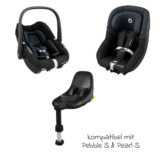 Maxi-Cosi 3in1 infant car seat & reboarder set from birth to 4 years with (40 - 105 cm) with Pebble S i-Size infant car seat & Pearl S child seat incl. FamilyFix S Isofix base & backrest protector - Tonal Black