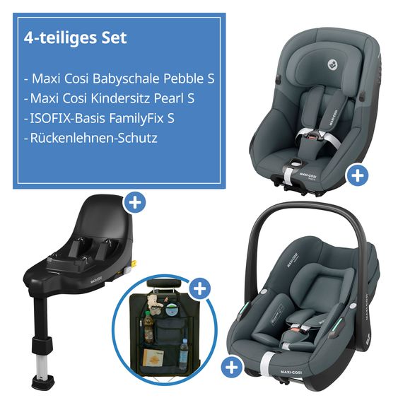 Maxi-Cosi 3in1 infant car seat & reboarder set from birth to 4 years with (40 - 105 cm) with Pebble S i-Size infant car seat & Pearl S child seat incl. FamilyFix S Isofix base & backrest protector - Tonal Graphite