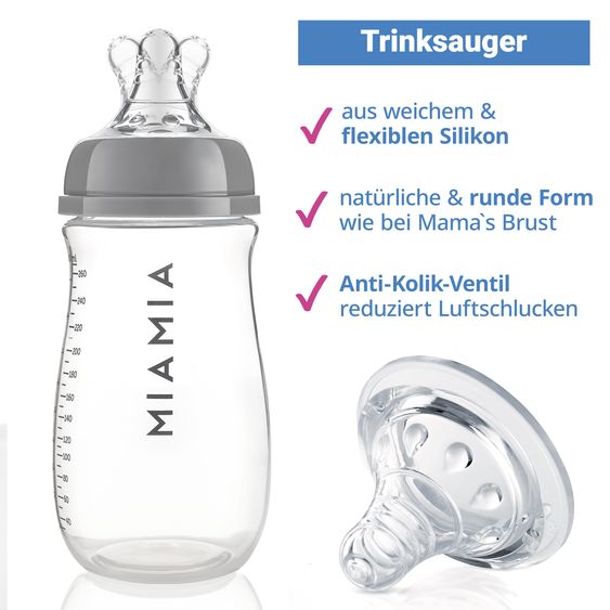 MiaMia Bottiglia in PP da 260 ml + tettarella in silicone taglia S - grigio