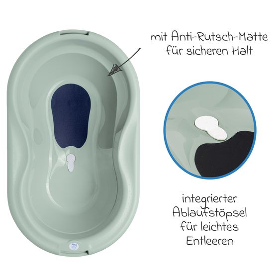Rotho Babydesign Set da bagno / stazione da bagno Tilo da 4 pezzi - include vasca da bagno + supporto da bagno + lettino da bagno + tubo di scarico - Verde salvia