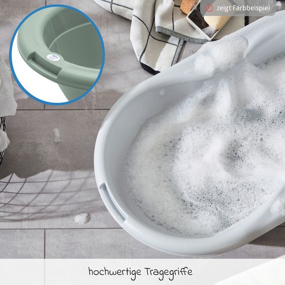 Rotho Babydesign Set da bagno / stazione da bagno Tilo da 4 pezzi - include vasca da bagno + supporto da bagno + lettino da bagno + tubo di scarico - Verde salvia