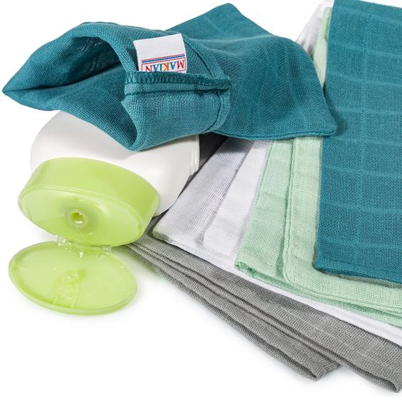 Rotho Babydesign Foldable Baby Bath 2 Go + Free Gauze Washing Handbag 8 Pack - Patina / Mint